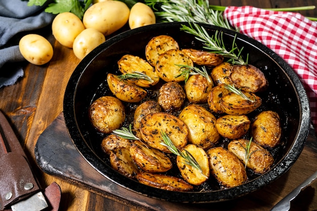 Cacerola redonda para asar con deliciosas patatas asadas con hierbas frescas y naturales