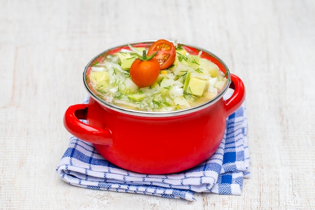 Cacerola roja con sopa de verano tradicional okroshka en Ucrania Bielorrusia y Rusia Okroshka de papas hervidas daikon pepino huevos cocidos y eneldo en jugo de coco Cerrar