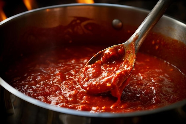 Foto una cacerola de salsa de tomate con una espátula que se está cocinando en el horno.