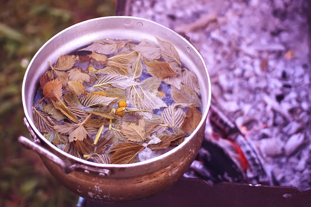 Cacerola vieja en la estufa al aire libre en proceso de preparación del té de hierbas.