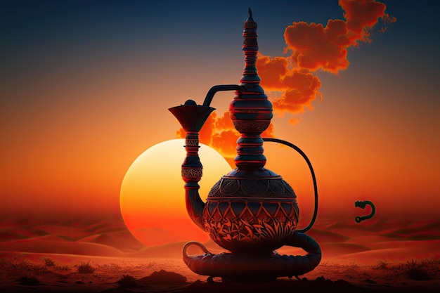 Cachimbo oriental artístico para tabaco em forma de narguilé ao pôr do sol