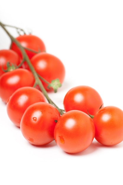 Cacho de tomates-cereja vermelhos em fundo branco