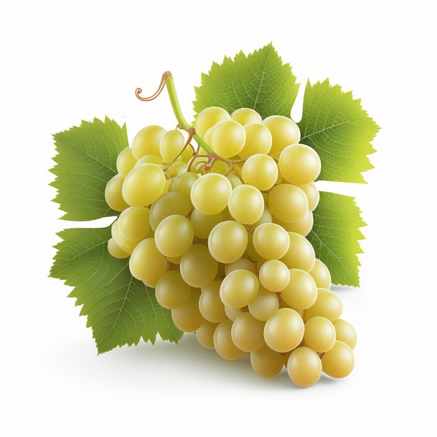 Cacho de uvas brancas com folhas isoladas em um fundo branco