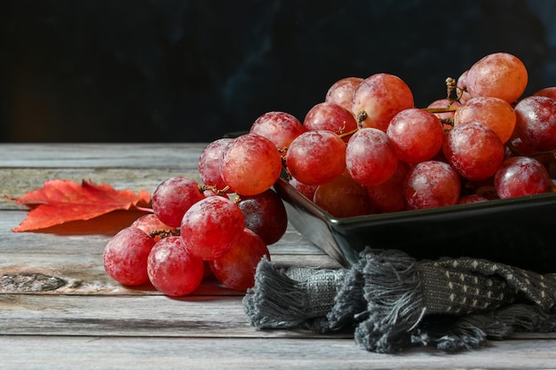 Cacho de uvas cor de rosa em um fundo escuro