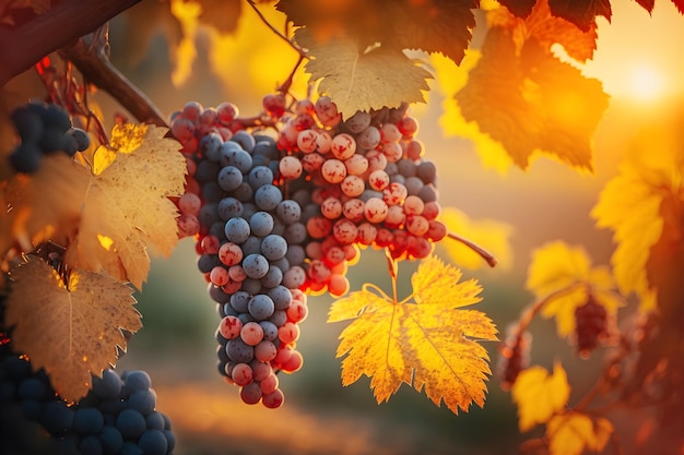 Cacho de uvas vermelhas maduras em uma videira sob os raios do sol poente