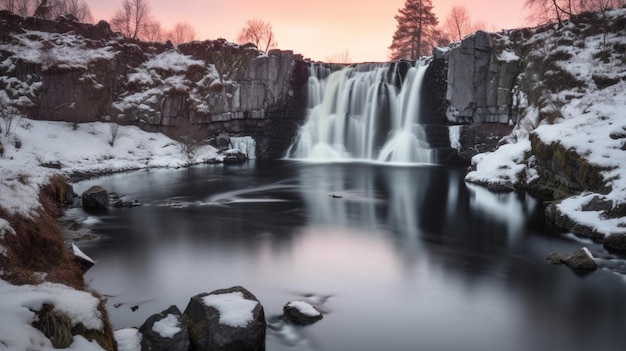 Cachoeira Arafed no meio de uma montanha de neve com um céu rosa generativo ai