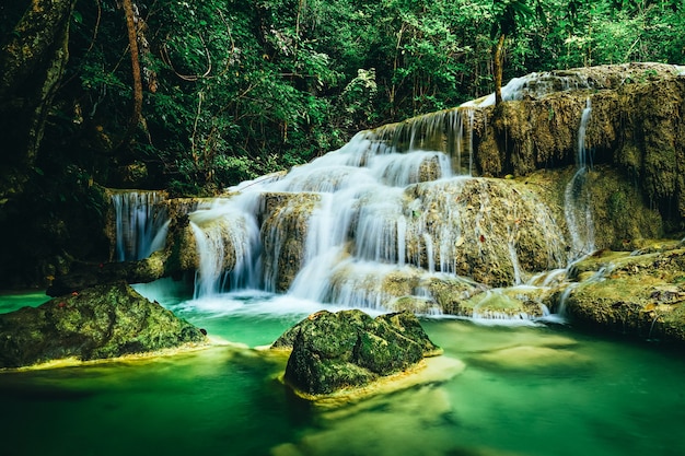 Cachoeira bonita na selva da floresta tropical de Tailândia.