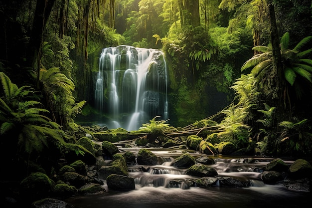 cachoeira caindo em um penhasco rochoso cercado por vegetação exuberante