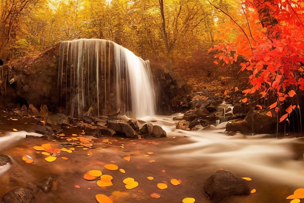 Foto cachoeira com água que flui rapidamente sobre as rochas na floresta de outono rio sob os raios de luz e folhas de laranja caídas