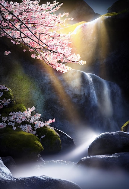 Cachoeira com flor de cerejeira como flor de sakura na floresta ilustração 2D