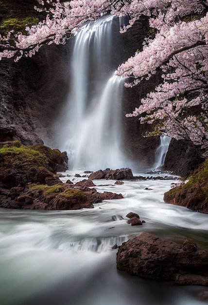 Cachoeira com flor de cerejeira como flor de sakura na floresta ilustração 2D