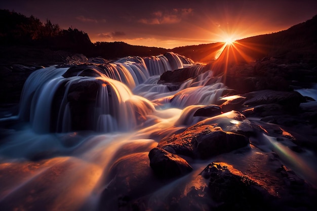 Cachoeira com um pôr do sol ao fundo ai generativo