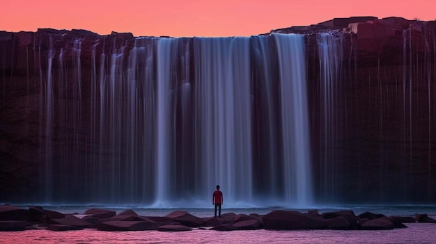 Cachoeira com uma pessoa de pé na frente dela ao pôr-do-sol
