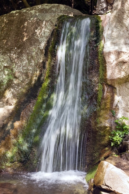 Cachoeira da montanha pequena primavera e pedra atrás