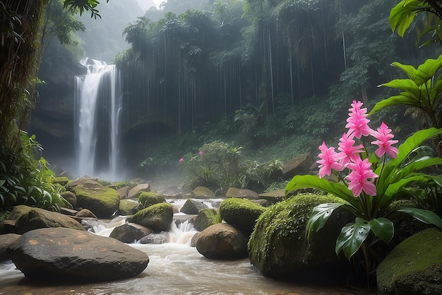 Cachoeira de mun dang com uma flor rosa em primeiro plano na floresta tropical