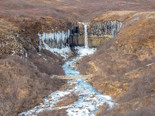 Cachoeira de svartifoss islândia no parque nacional de vatnajokull em congelamento de água lisa de areia de larva negra