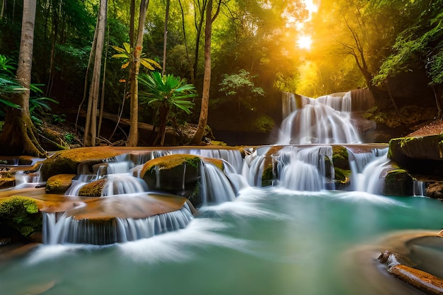 cachoeira e beleza da montanha ao nascer do sol majestosa cachoeira na selva à luz da manhã