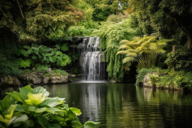 Cachoeira em cascata em lagoa cercada por vegetação exuberante