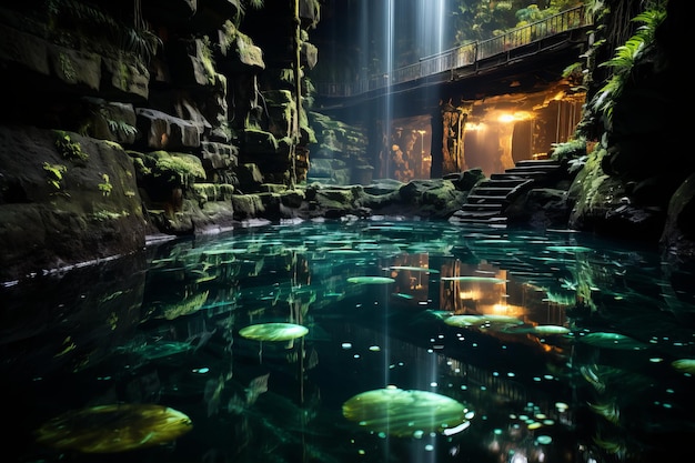 Cachoeira em cascata em uma piscina bioluminescente IA generativa