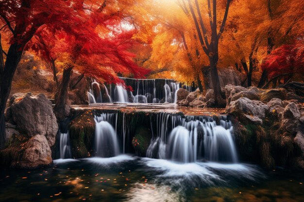 Cachoeira em cascata emoldurada por cores de outono