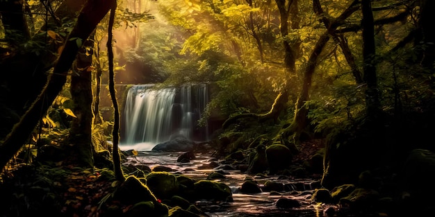 Cachoeira em cascata escondida dentro de uma floresta densa luz do sol espiando através da árvore IA generativa