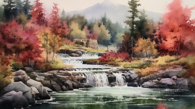 Cachoeira em estilo aquarela com árvores, lago e montanhas