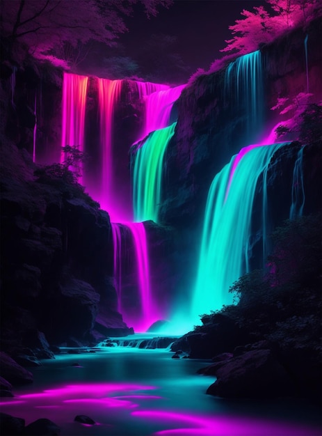 Foto cachoeira em floresta profunda em fundo de natureza de luz de cores noturnas