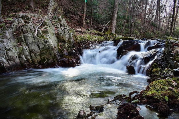 Cachoeira em um rio de montanha na floresta de outono