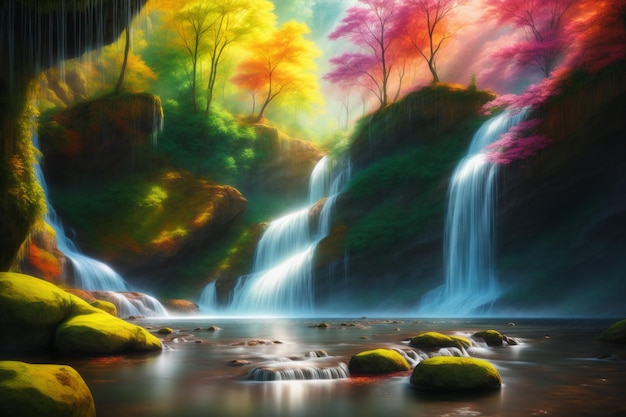 Cachoeira em uma floresta entre árvores pintando Ilustrações de IA gerativa