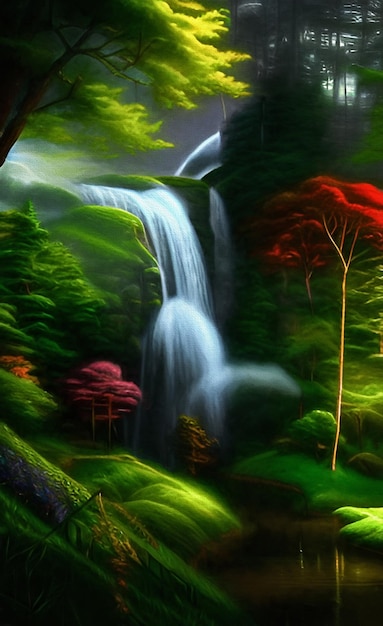 Cachoeira em uma floresta fantástica entre as árvores ilustração