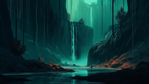 Cachoeira em uma floresta nórdica retrofuturista