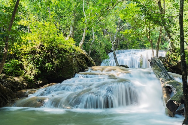 Cachoeira Erawan em Kanchanaburi, Tailândia, bela cachoeira com fundo de floresta