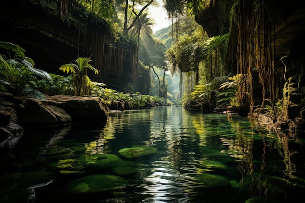 Cachoeira escondida nas profundezas de uma exuberante floresta tropical IA generativa