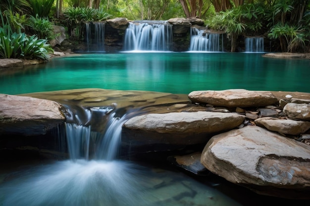 Cachoeira exótica fluindo para uma piscina de cristal