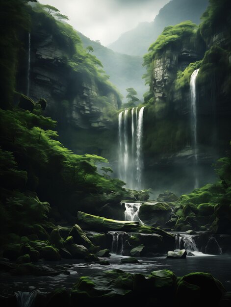 cachoeira floresta média rochas árvores névoa profunda exótico balançando bater verde cachoeiras galácticas panorâmicas