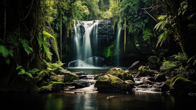 Cachoeira fluindo na floresta tropical