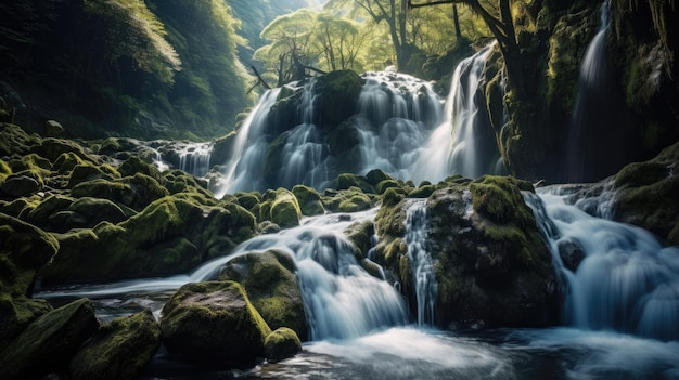 Cachoeira fluindo nas montanhas