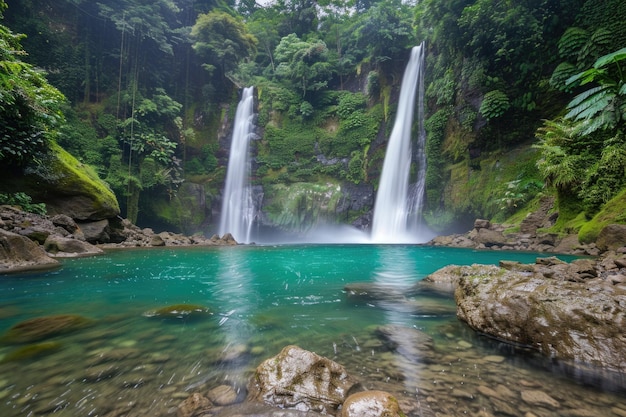 Cachoeira gêmea paraíso da floresta tropical com lagoa turquesa e montanha