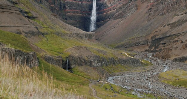 Cachoeira Hengifoss com folhagem em foregroud leste da Islândia