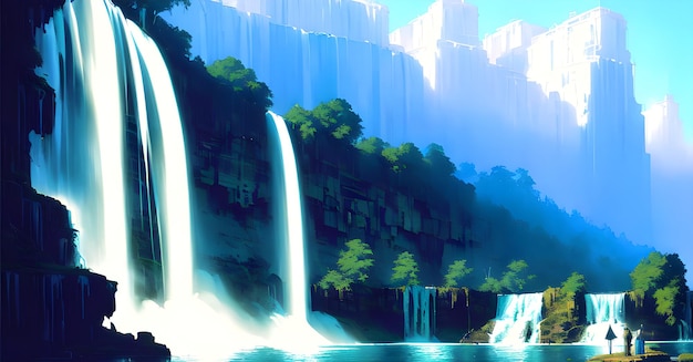 Cachoeira mágica Selva ilustração da floresta fluxo do rio no fundo da paisagem IA generativa para pinturas em tela de artes de parede capas de facebook