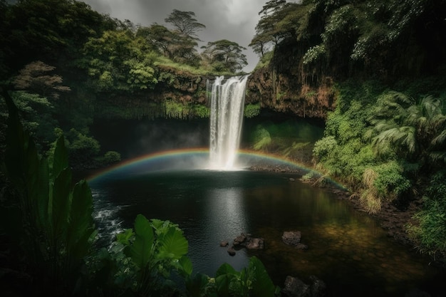 Cachoeira majestosa com um arco-íris na frente cercado por vegetação exuberante