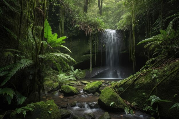 Cachoeira majestosa em cascata através da exuberante paisagem da selva criada com IA generativa