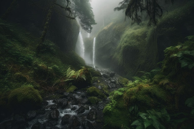 Cachoeira majestosa em cascata por um penhasco coberto de musgo em meio a uma densa floresta coberta de neblina