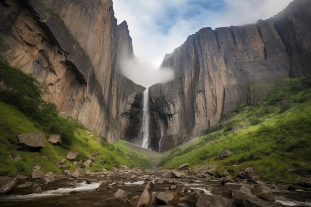 Cachoeira majestosa em cascata sobre falésias imponentes cercadas por montanhas escarpadas