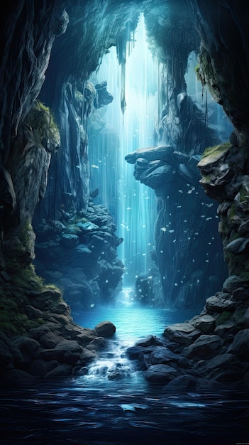 Cachoeira mística escondida no papel de parede da caverna para o telefone