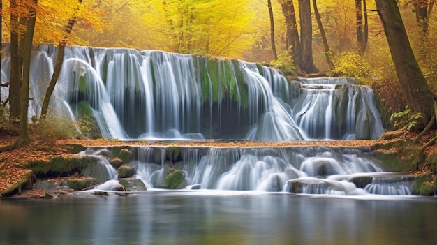 Cachoeira na floresta com uma ponte sobre ela