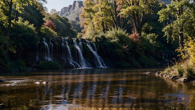 Cachoeira na floresta de outono Papel de parede de fundo de paisagem de rio de montanha