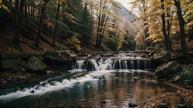 Cachoeira na floresta de outono Papel de parede de fundo de paisagem de rio de montanha