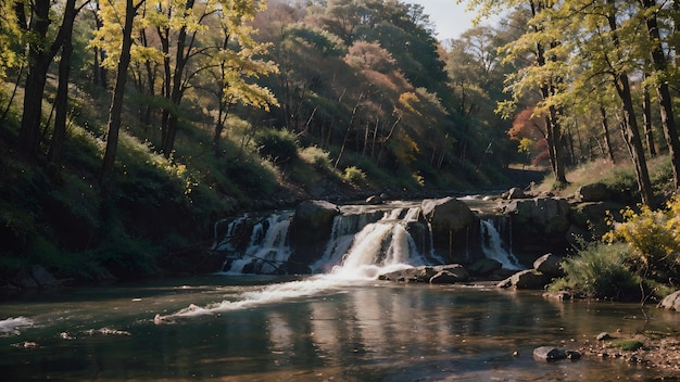 Cachoeira na floresta de outono Papel de parede de fundo de paisagem de rio de montanha