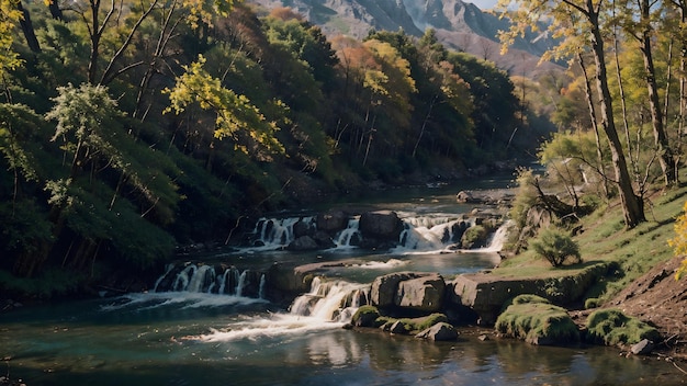 Cachoeira na floresta de outono Papel de parede de fundo de paisagem de rio de montanha
